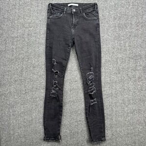 Zara Trafaluc Distressed Skinny Jean Faded Black Ankle Zip Ripped Denim Womens 4